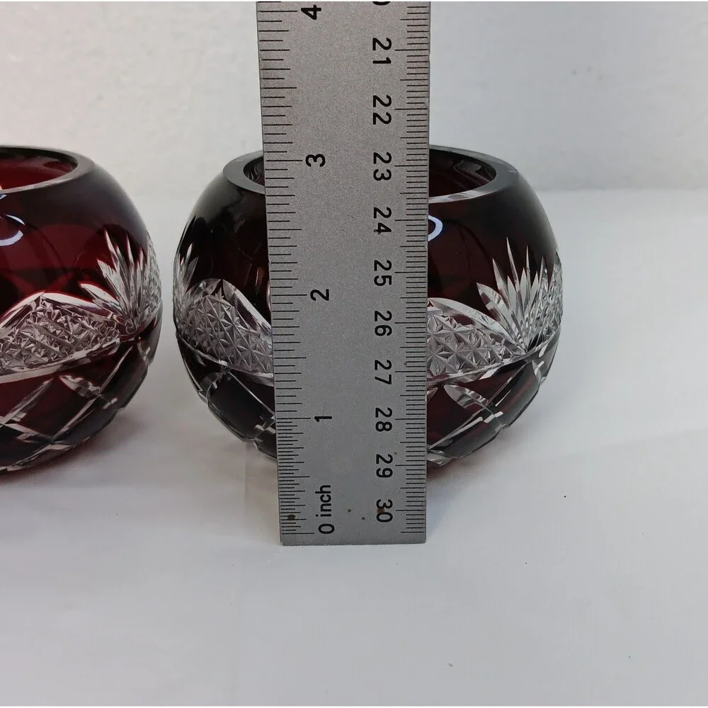 Crystal Ruby Red Cut To Clear Vase Bowl Candle Holder Cut Glass Bohemian READ